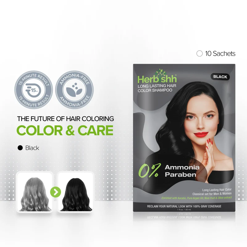Schwarzes Haarfarbenshampoo, 10 Beutel - Herbishh