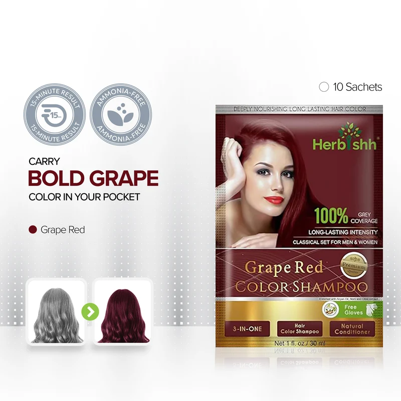 Traubenrotes Haarfarbenshampoo, 10 Beutel - Herbishh