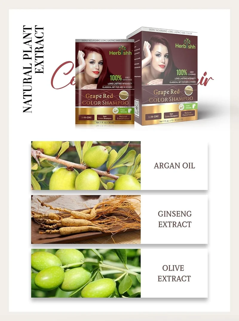 Traubenrotes Haarfarbenshampoo, 10 Beutel - Herbishh