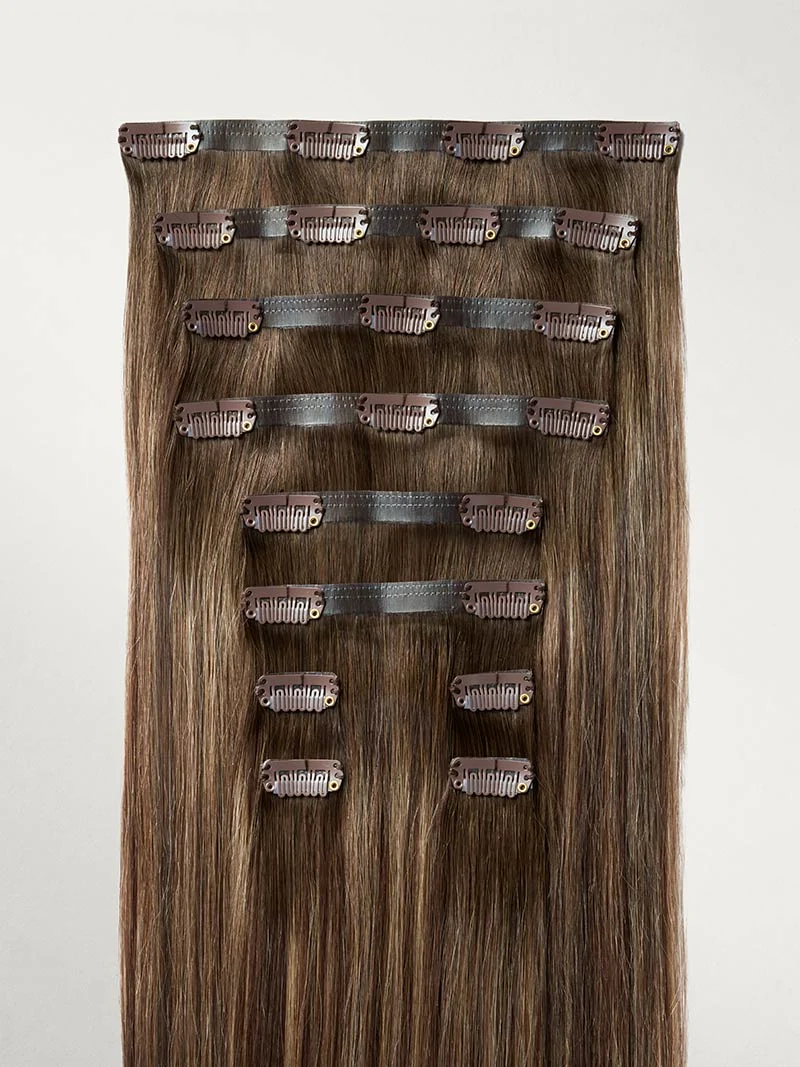 16" Seamless Dimensional Rooted Sunkissed Brown Clip-Ins (160g)