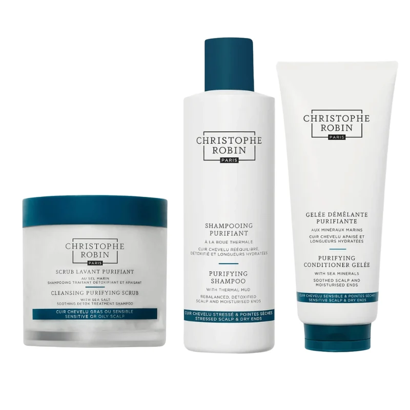 Christophe Robin Cleansing Purifying Scrub With Sea Salt + Christophe Robin Purifying Shampoo wih Thermal Mud + Christophe Robin Detangling Conditioner With Sea Minerals