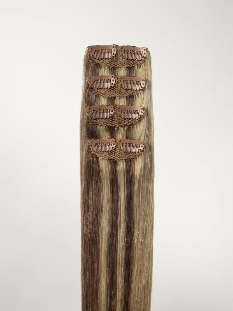 20" Ash Brown Highlights Scalp Hair Fill-Ins & Seamless Clip-Ins Bundle (230g)