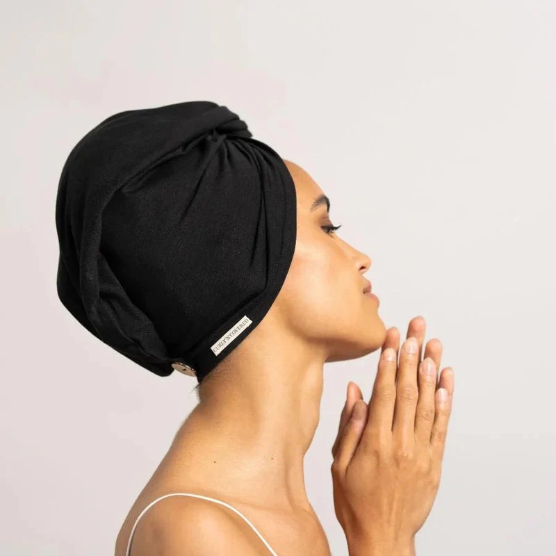 Bambus Turban Handtuch mit Knopf | Schwarz