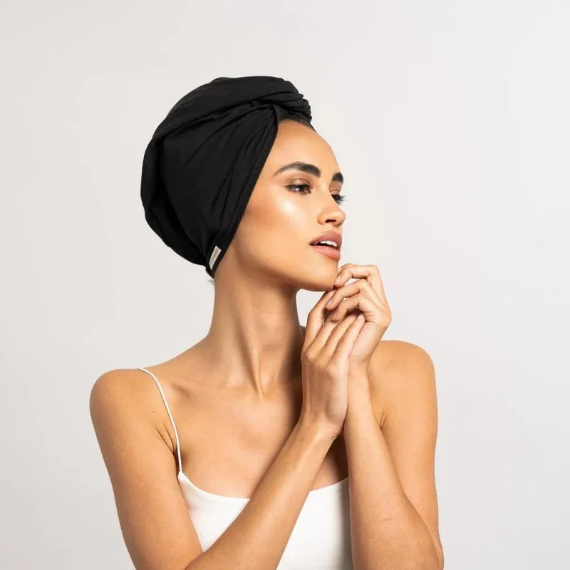 Bambus Turban Handtuch mit Knopf | Schwarz