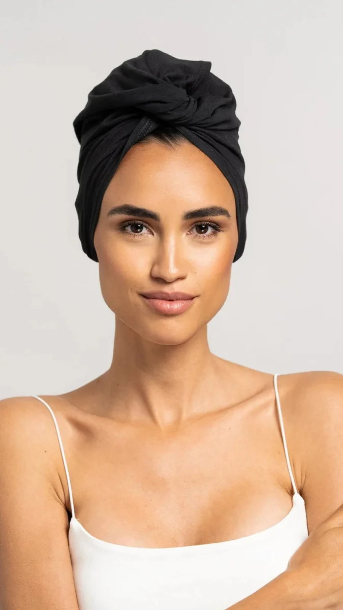Bambus Turban Handtuch mit Knopf | Schwarz