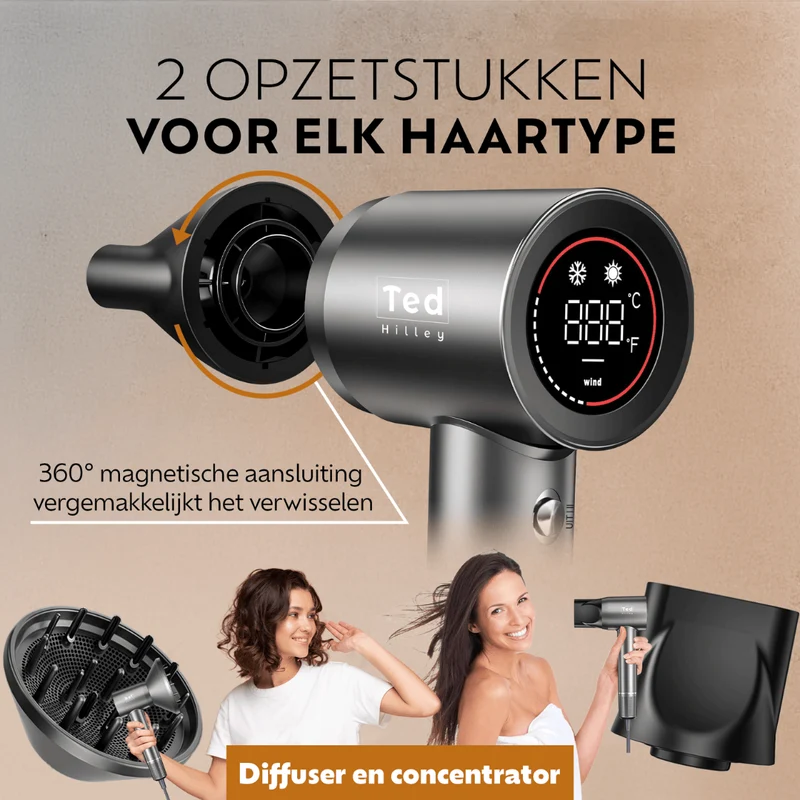 Ted Hilley VelvetDry Föhn met diffuser Platinum Silver
