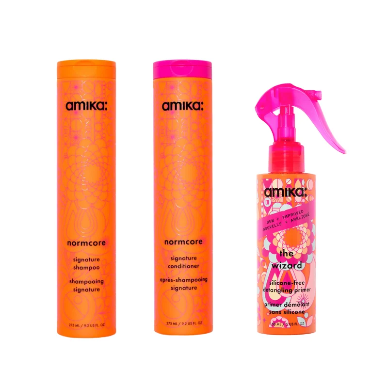 amika everyday essentials set, shampoo, spülung, entwirrende grundierung