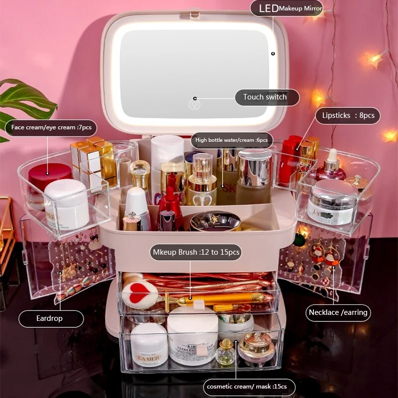 LED-Lichtkosmetik mit LED-Spiegel-Kosmetik-Aufbewahrungsbox