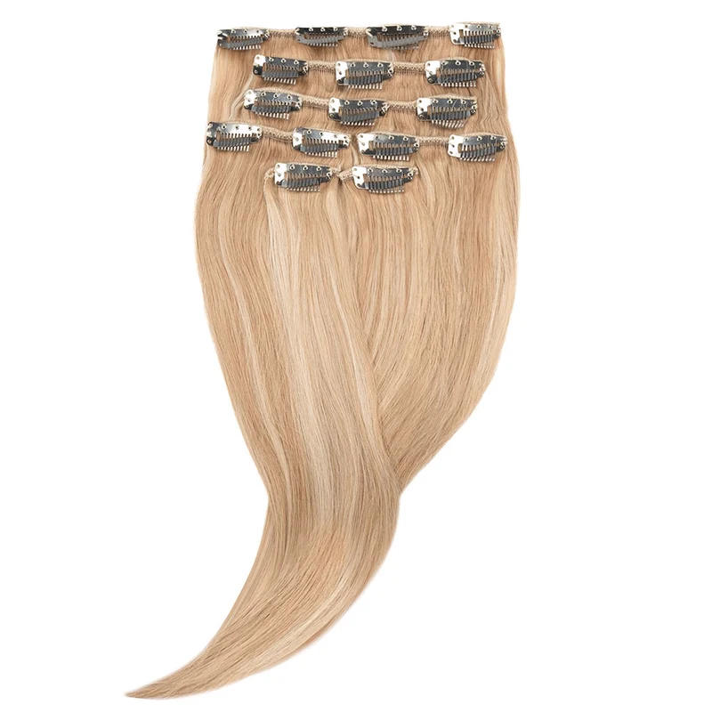 16" Human Hair 7pc Clip In - #613/10 Light Blonde/ Light Caramel