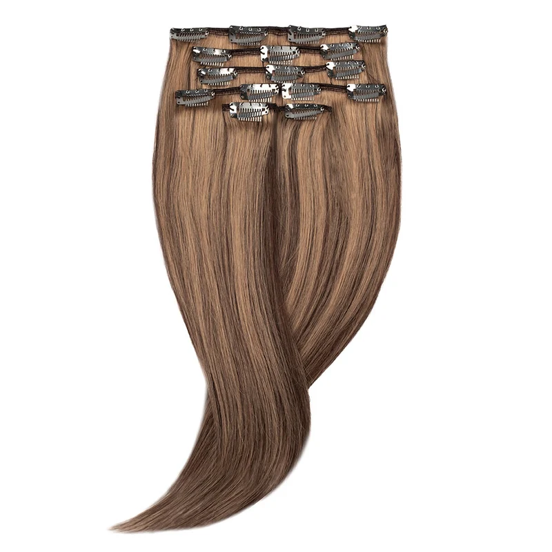 16" Human Hair 7pc Clip In - #2/10 Chocolate Brown/Caramel