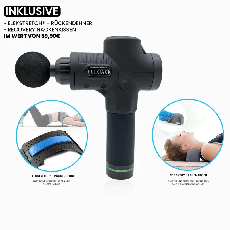 Ultimate: Massagepistole + Rückendehner + Nackenkissen + Tragetasche