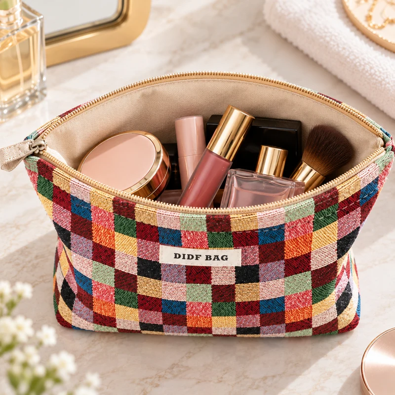 Travel Cosmetic Bag - Plaid Makeup Organizer in 2 Sizes