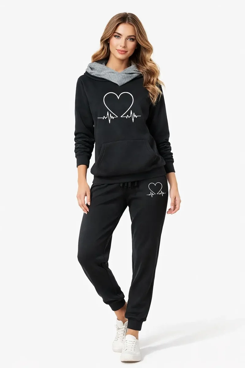 Love Heart Printed Women's Sports Suit Hooded Top & Pants