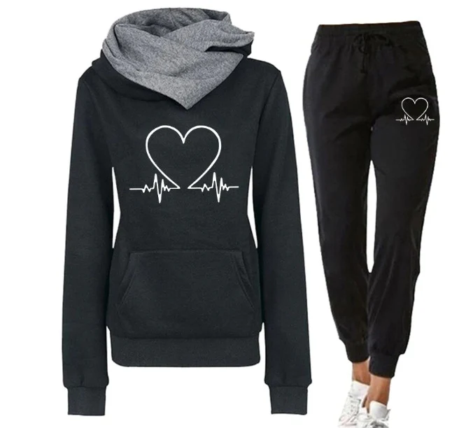 Love Heart Printed Women's Sports Suit Hooded Top & Pants