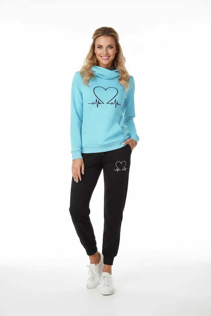 Love Heart Printed Women's Sports Suit Hooded Top & Pants