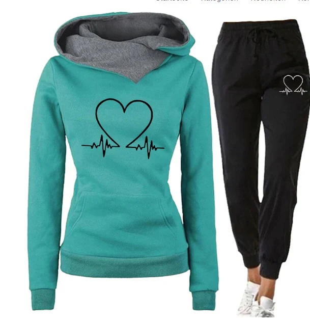 Love Heart Printed Women's Sports Suit Hooded Top & Pants