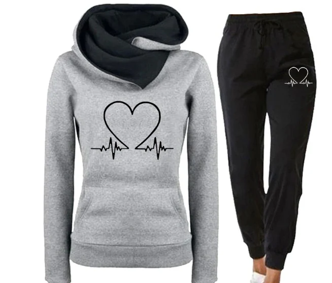 Love Heart Printed Women's Sports Suit Hooded Top & Pants
