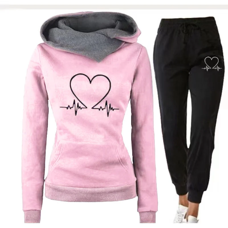 Love Heart Printed Women's Sports Suit Hooded Top & Pants