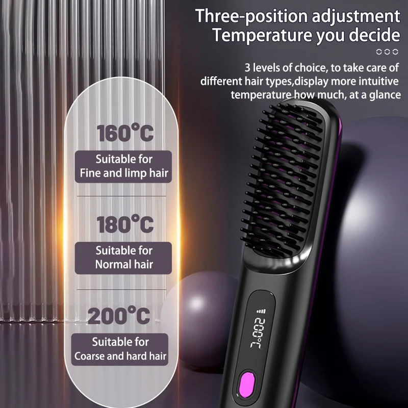 Cordless Hair Straightener Brush with Fast Heat and LCD