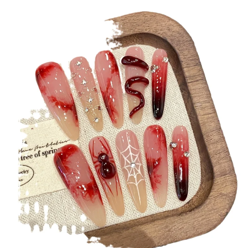 Red Press On Nails with Chinese Style Designs and Shine