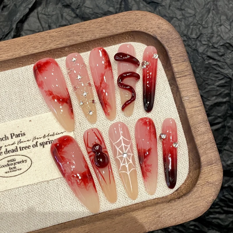 Red Press On Nails with Chinese Style Designs and Shine