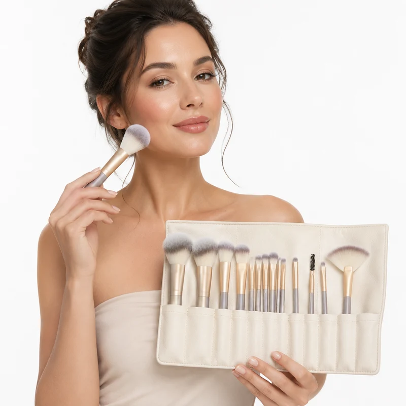 Makeup Brush Set - Champagne Handles, 12, 18 or 24 Pcs.