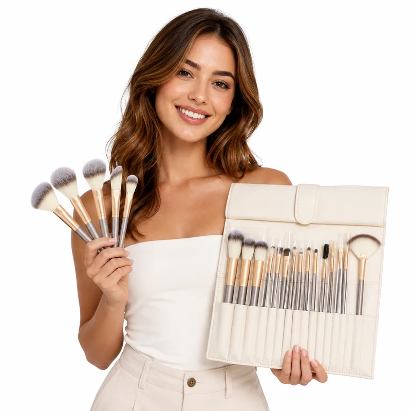 Makeup Brush Set - Champagne Handles, 12, 18 or 24 Pcs.