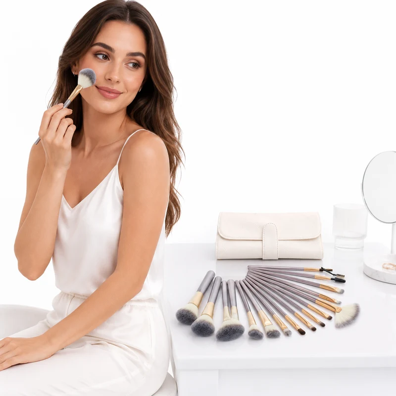 Makeup Brush Set - Champagne Handles, 12, 18 or 24 Pcs.