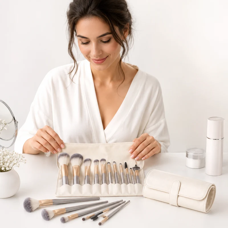 Makeup Brush Set - Champagne Handles, 12, 18 or 24 Pcs.