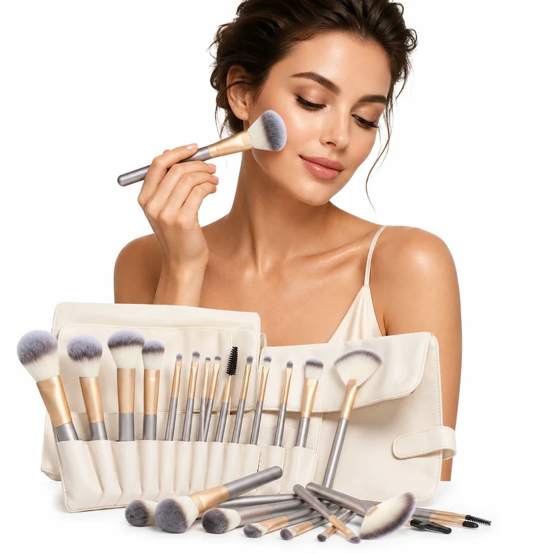 Makeup Brush Set - Champagne Handles, 12, 18 or 24 Pcs.