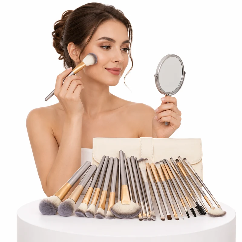 Makeup Brush Set - Champagne Handles, 12, 18 or 24 Pcs.
