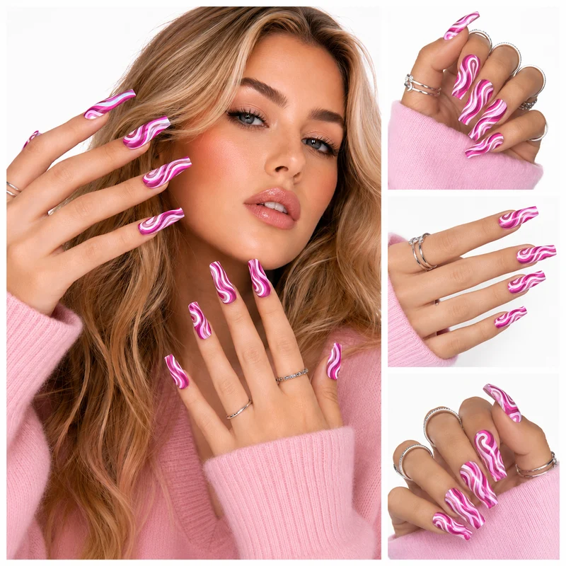 Press On Nails With Glue Pink Swirl 24 Piece Beauty Set