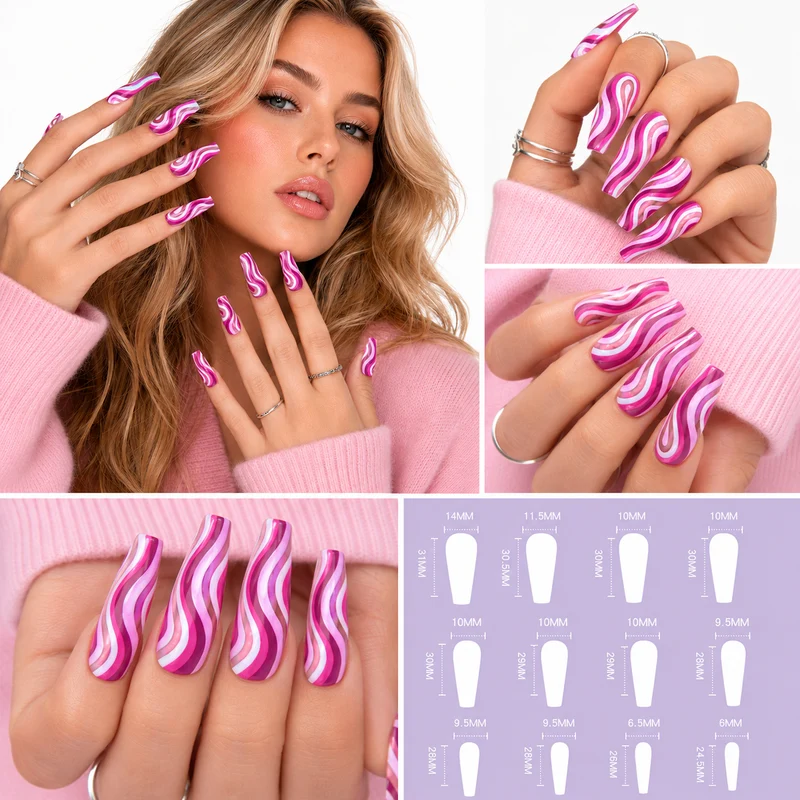 Press On Nails With Glue Pink Swirl 24 Piece Beauty Set