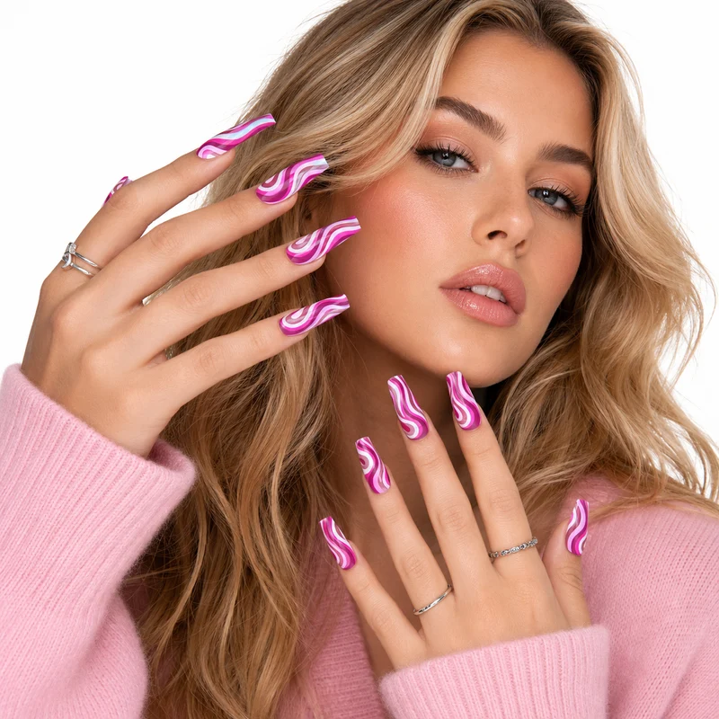 Press On Nails With Glue Pink Swirl 24 Piece Beauty Set