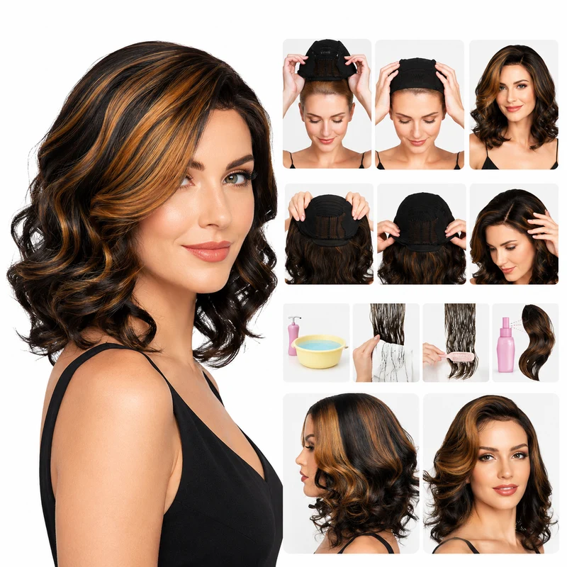 Short Curly Wig Black Brown Mid Part Exotic Volume Hair