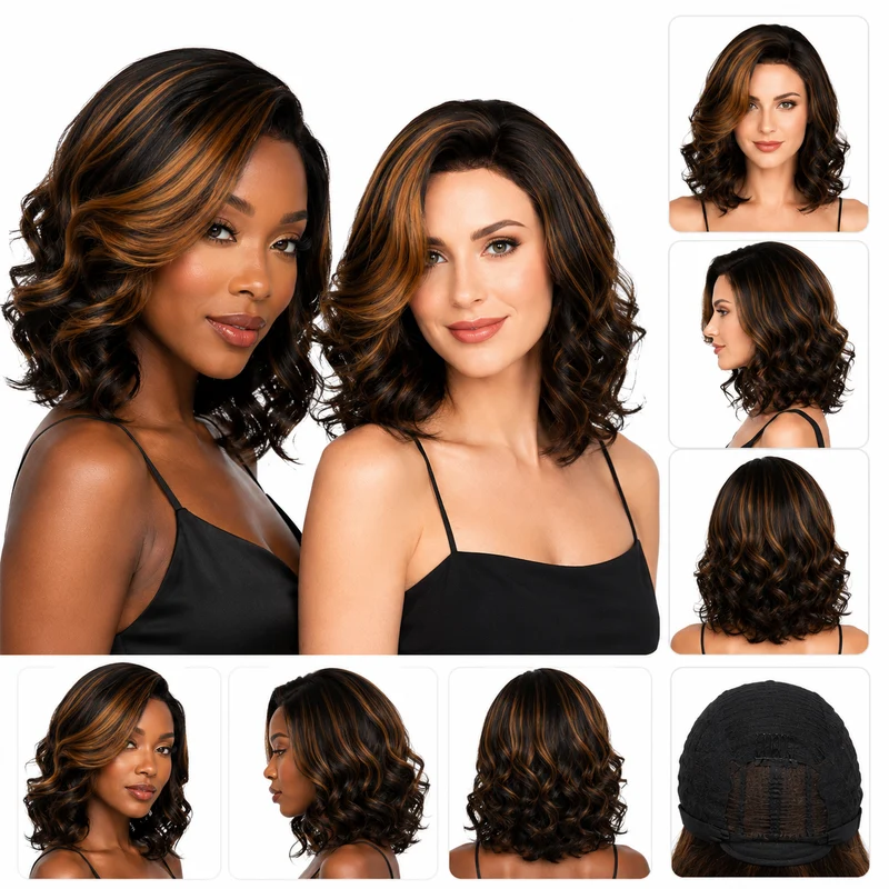 Short Curly Wig Black Brown Mid Part Exotic Volume Hair