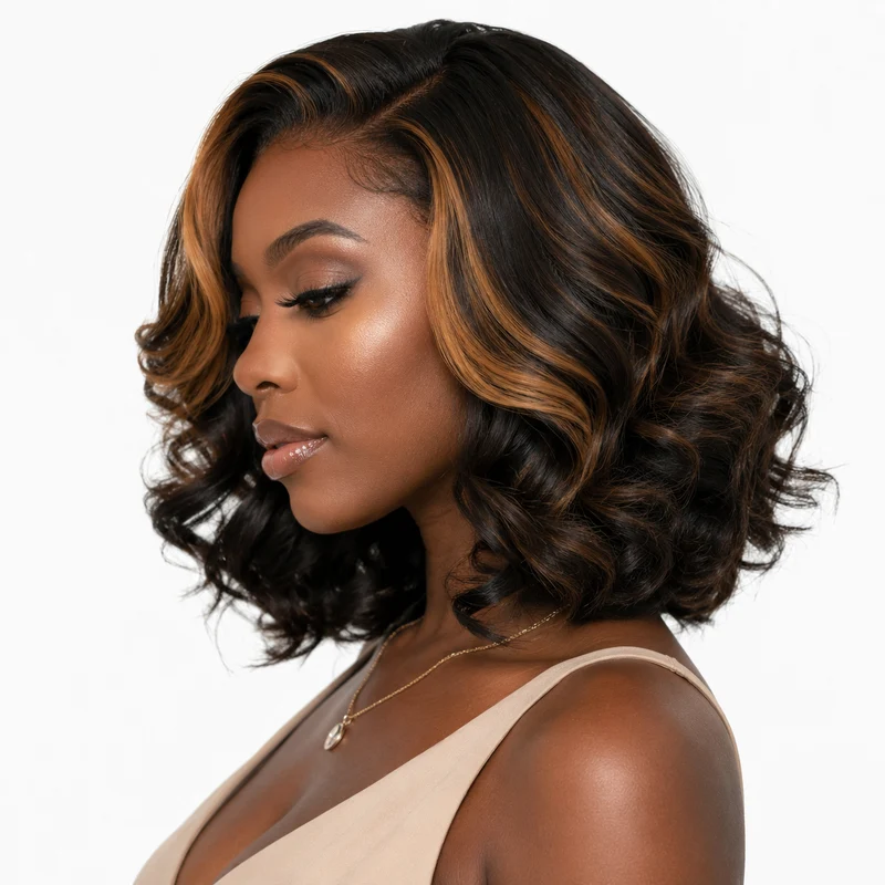 Short Curly Wig Black Brown Mid Part Exotic Volume Hair