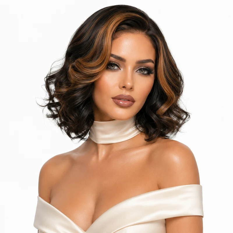 Short Curly Wig Black Brown Mid Part Exotic Volume Hair