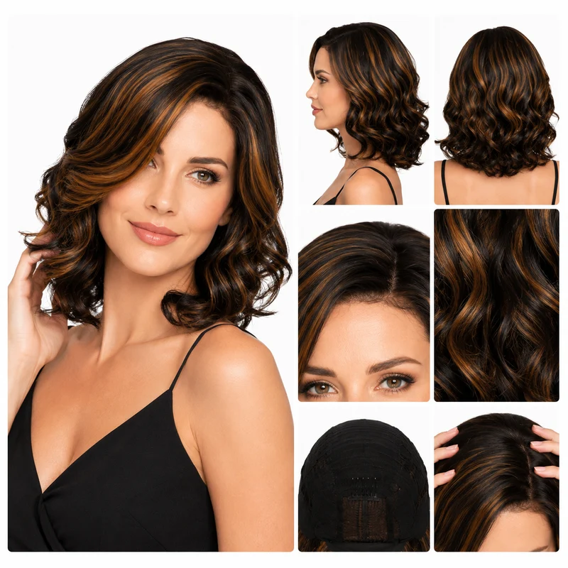 Short Curly Wig Black Brown Mid Part Exotic Volume Hair
