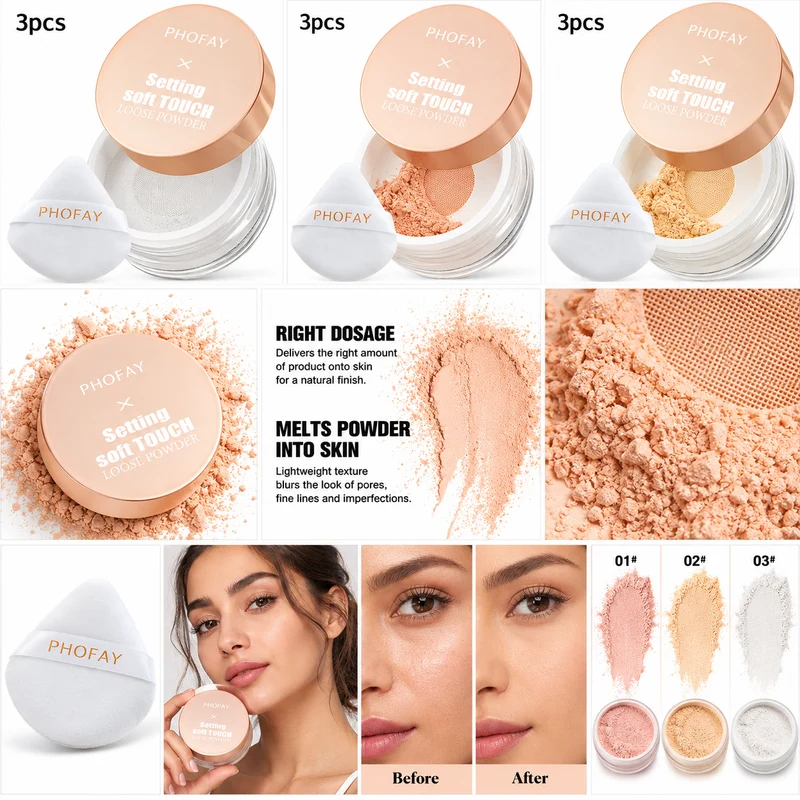 PHOFAY Loose Setting Powder - 3 Piece Set with 4 Shades