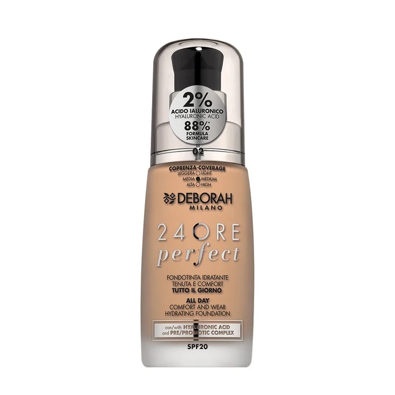 Deborah Milano 24 Ore Perfect Fondotinta Liquido con Acido Ialuronico SPF20 30 ml – Makeup Donna Idratante Lunga Tenuta