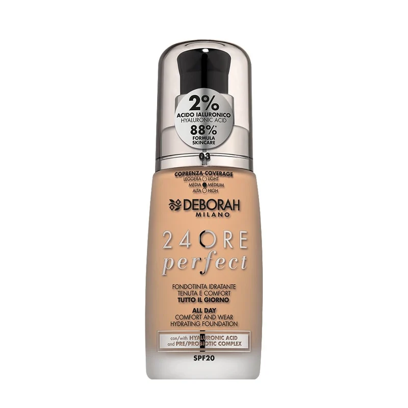 Deborah Milano 24 Ore Perfect Fondotinta Liquido con Acido Ialuronico SPF20 30 ml – Makeup Donna Idratante Lunga Tenuta